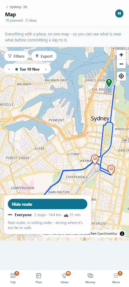 The map on a phone, with the day's stops numbered and the walk between them drawn